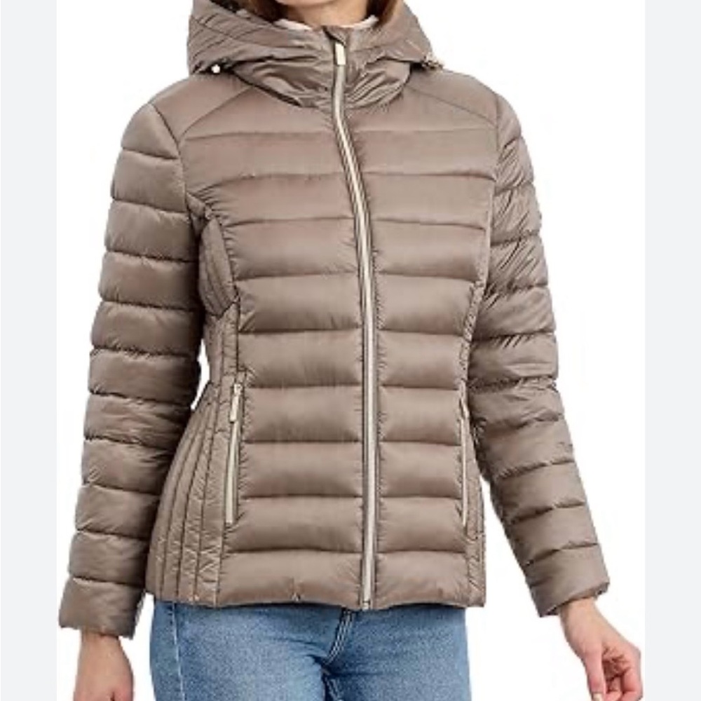 Michael Kors Beige Puffer Jacket with Faux Fur Hood